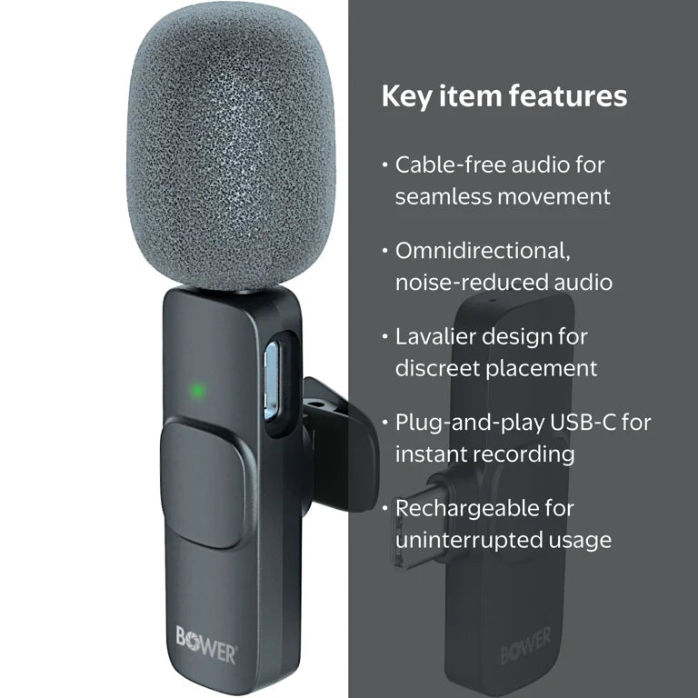 Microfone de Lapela Sem Fio Bower USB-C